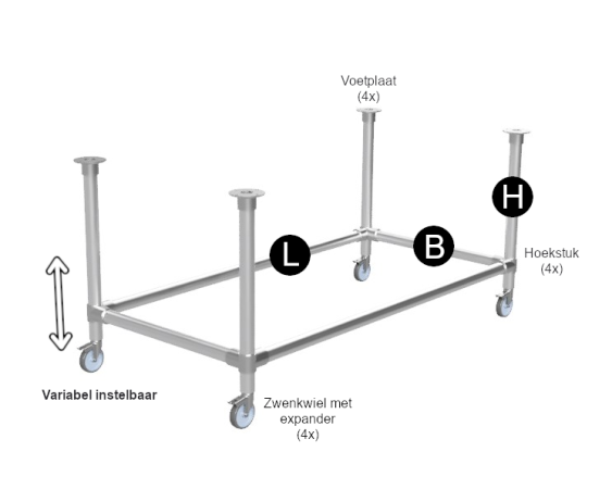 Steigerbuis onderstel tafel met onder-etage uit buis Ø 42,4 mm zwenkwielen